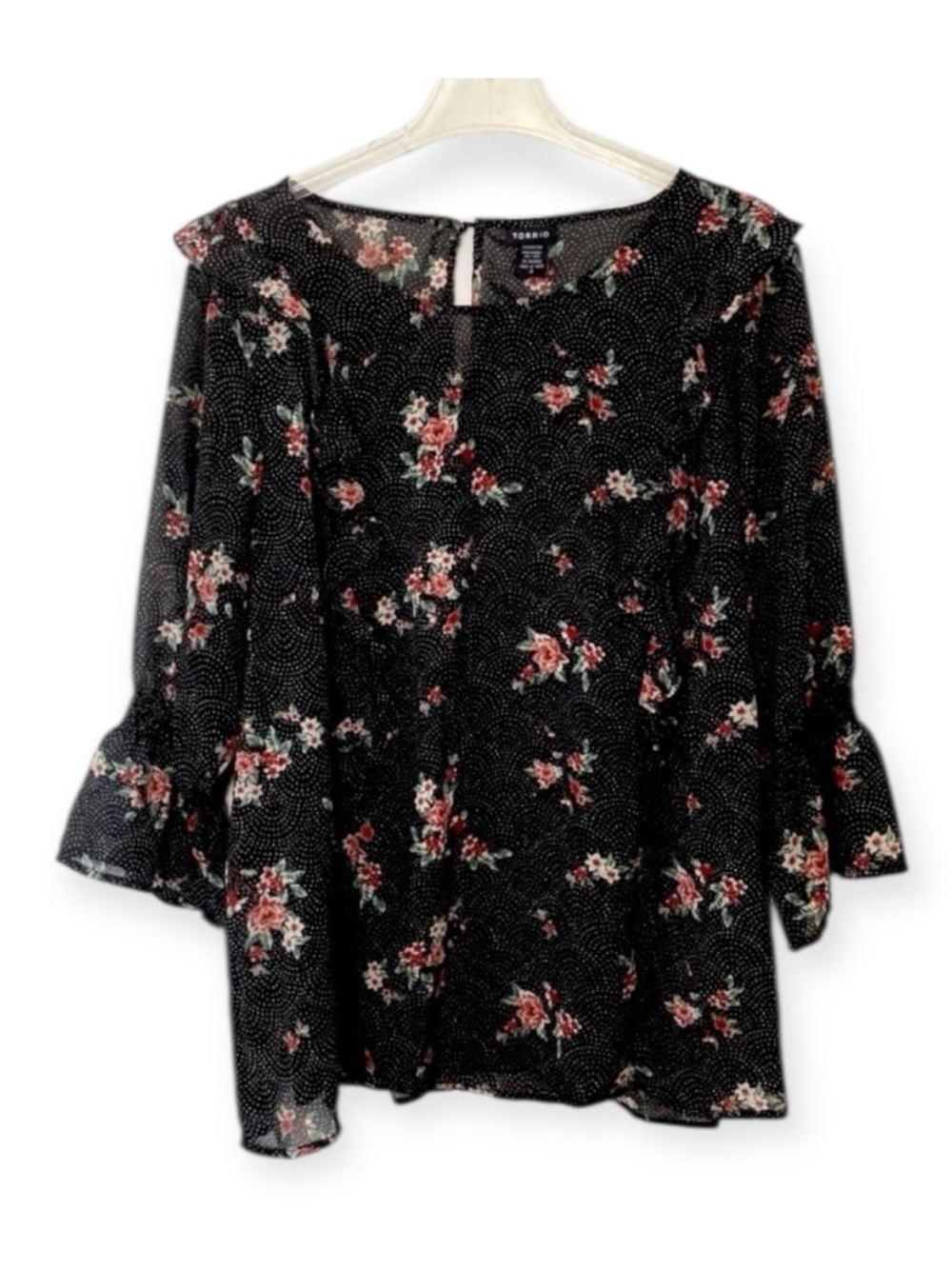Torrid Ladies Black Dot Floral  Ruffle Sleeve Blouse Size 1 (14/16) - Picture 3 of 6